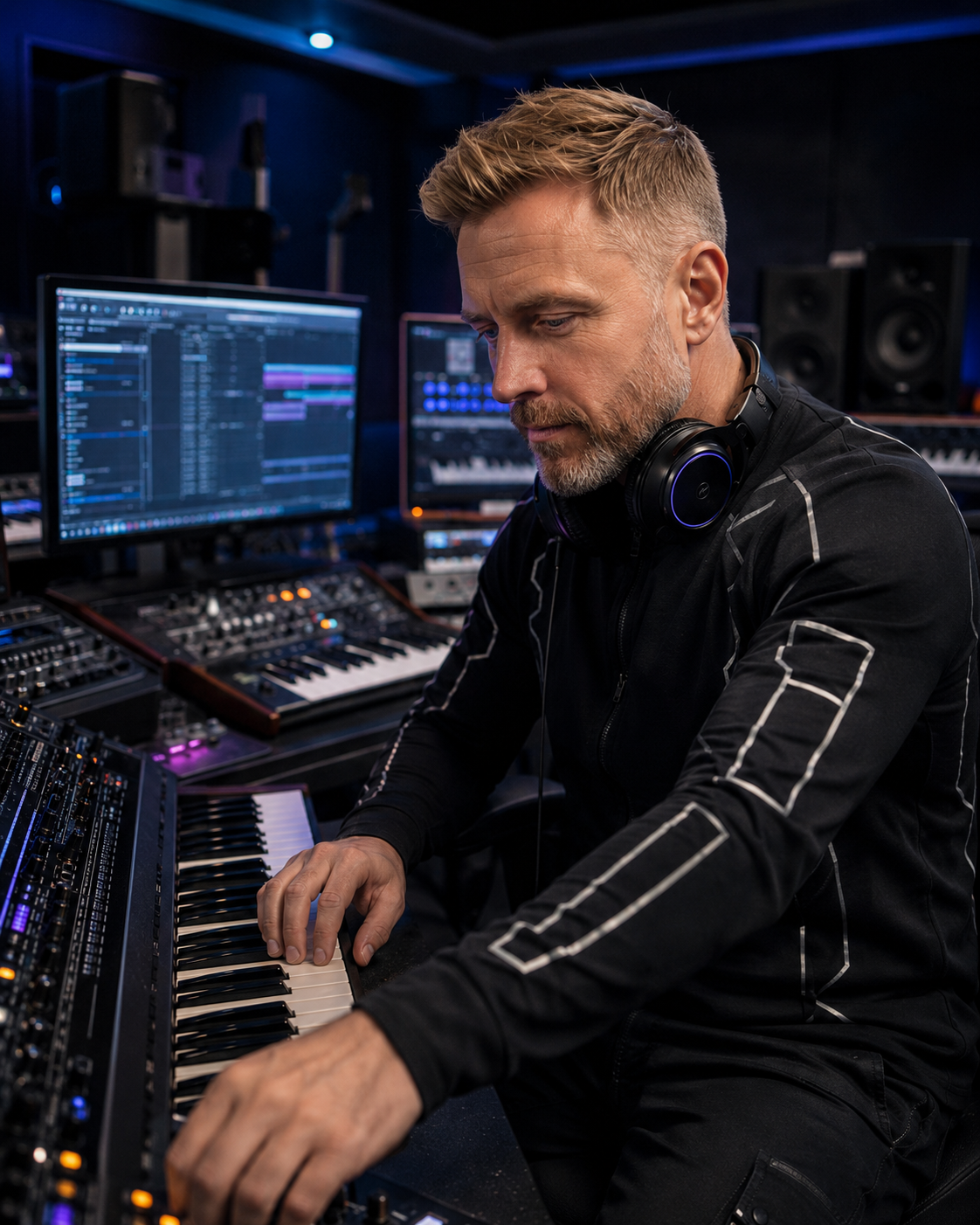Gray Stevens working in a music studio